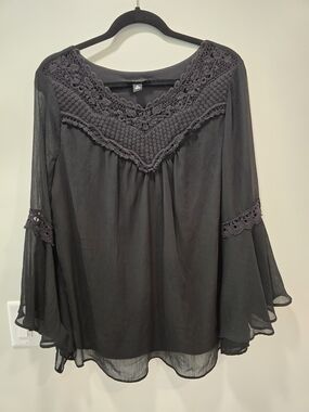 AB Studio Black Crochet Yoke Bell Sleeve Tunic